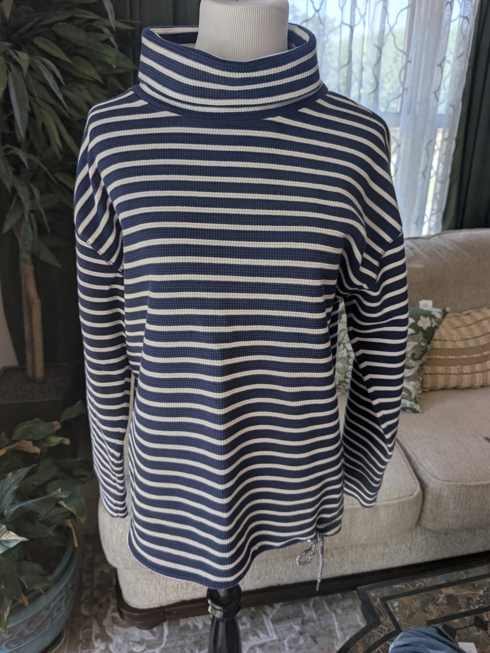 Lands' End Navy & White Striped Cowl Neck Sweater